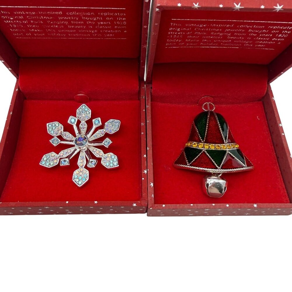 Merry & Bright Christmas brooch set‎ Enamel bell Bejeweled snowflake NEW